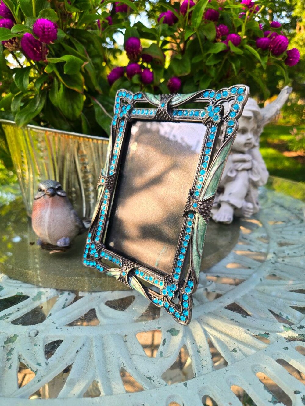 Vintage Nouveau Picture Frame Ornate Metal Jeweled Turquoise Blue Rhinestone